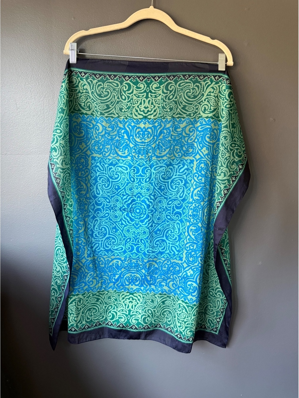 Elegant Blue and Green Patterned Silk Scarf